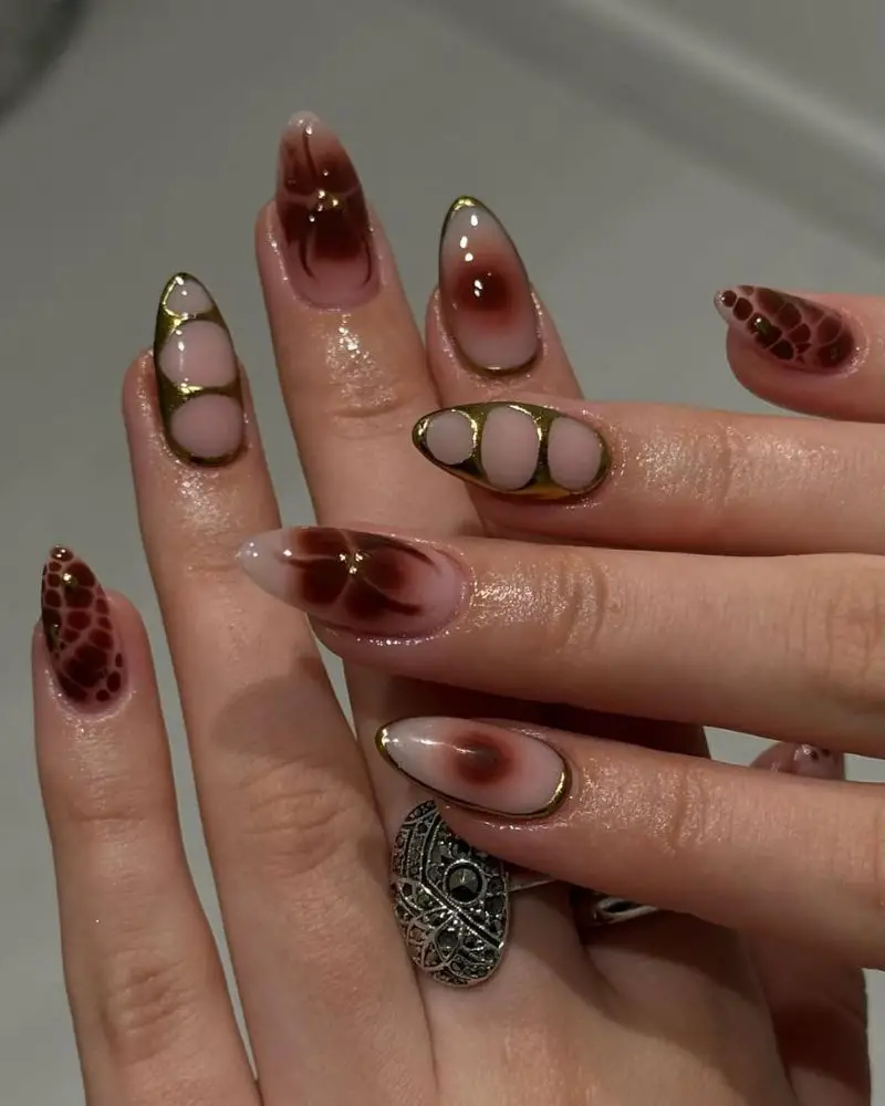 Nude Gold Ombre Abstract Almonds Nude Gold Ombre Abstract Almonds — Almond Nail Designs