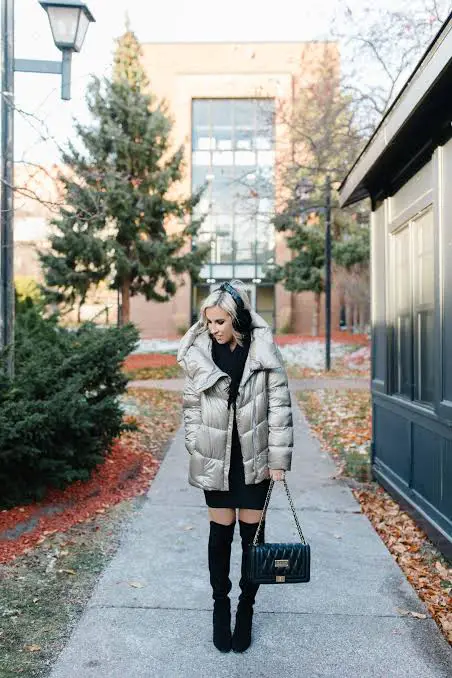 Silver Puffer Jacket with Black Earmuffs and Dress Silver Puffer Jacket with Black Earmuffs and Dress — Earmuffs Outfits