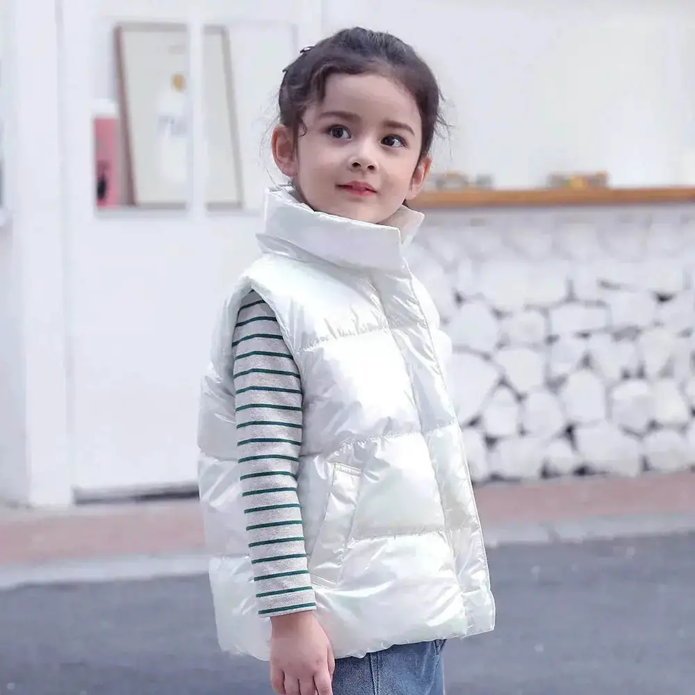 Shiny Puffer Vest Over Striped Top for Casual Outdoor — Winter Outfits for Kids