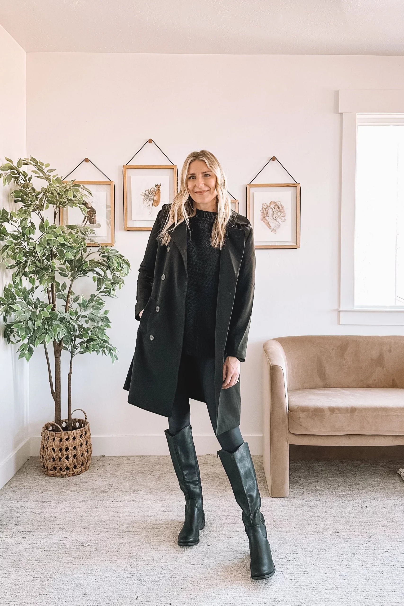 Long Black Coat Over Sweater and Leggings for Classic Winter Style — All Black Winter Outfits