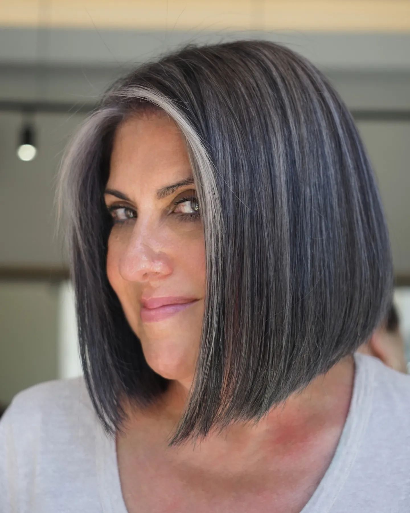 Straight Bob With Gray Blending Highlights Straight Bob With Gray Blending Highlights