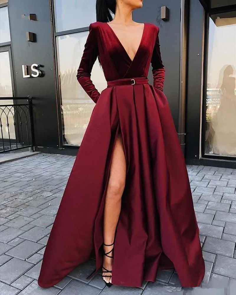 Burgundy Velvet Top and Satin Skirt with High Slit Burgundy Velvet Top and Satin Skirt with High Slit — Winter Formal Dresses