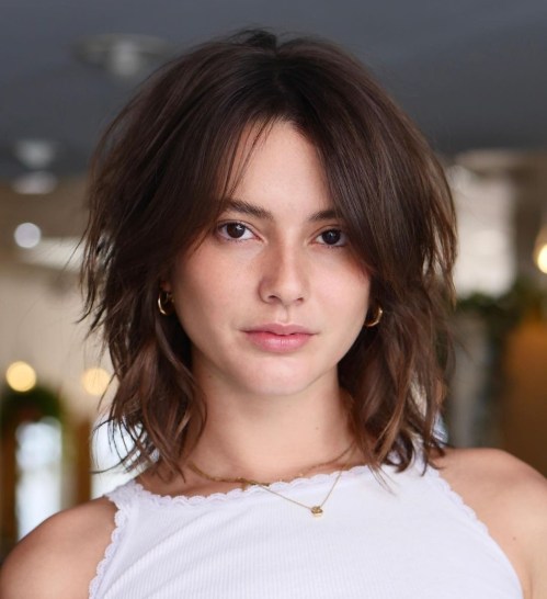 Collarbone Shag With Choppy Bangs Collarbone Shag With Choppy Bangs — Winter Haircuts for Square Faces