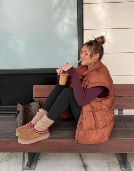 Cozy Layers: Ugg Tasman Slippers with Leggings and Puffer Vest Cozy Layers: Ugg Tasman Slippers with Leggings and Puffer Vest — Ugg Slippers Outfits