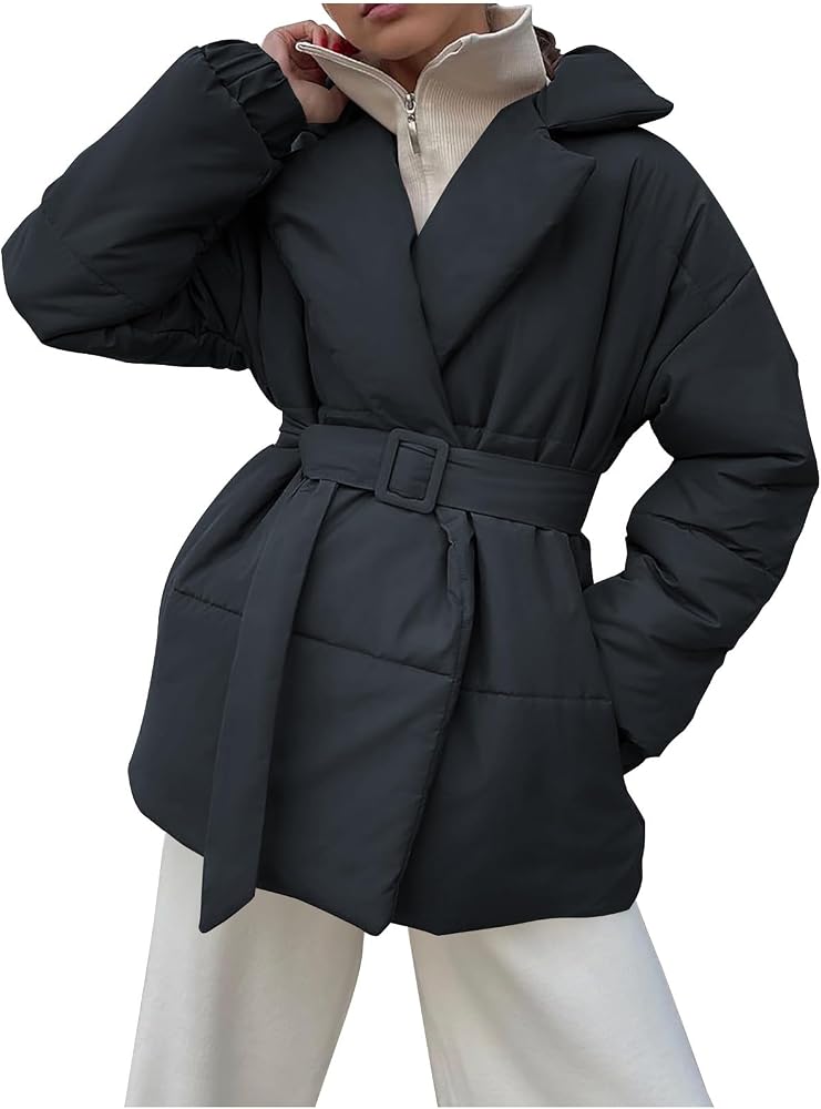 Black Belted Puffer Jacket with White Pants Black Belted Puffer Jacket with White Pants — Winter Puffer Jacket Outfits