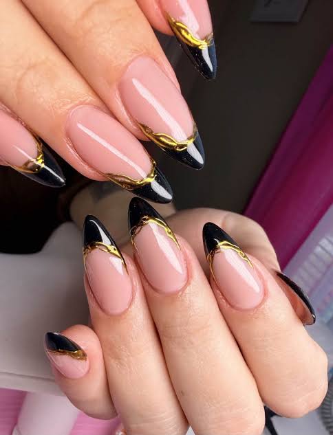 Almond French Tips with Gold Line — Simple Nail Designs