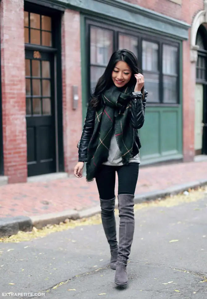 Grey Suede Boots with Leather Jacket and Plaid Scarf Grey Suede Boots with Leather Jacket and Plaid Scarf — Over the Knee Boots Outfits