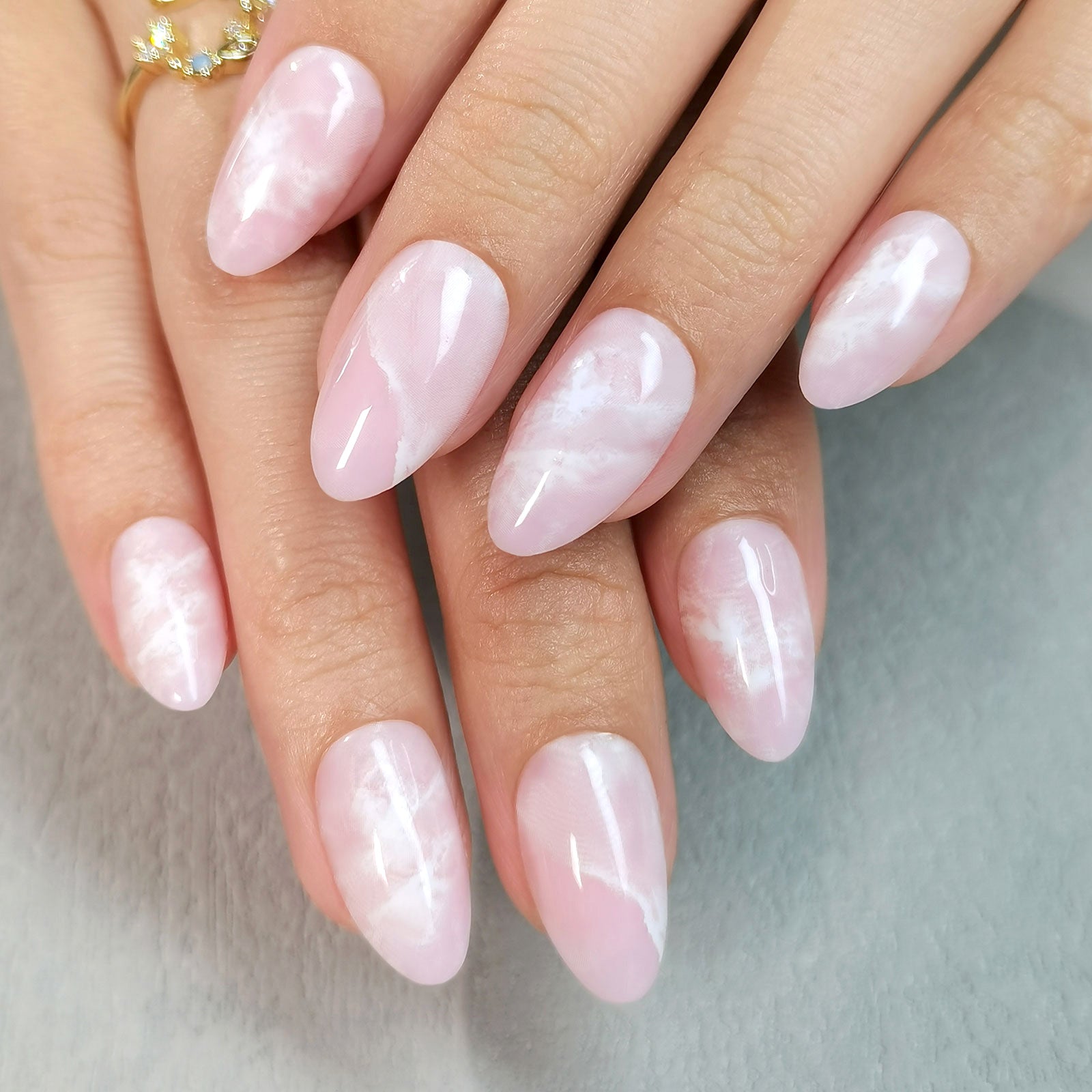 Soft Pink White Marble Almonds — Winter Marble Nails