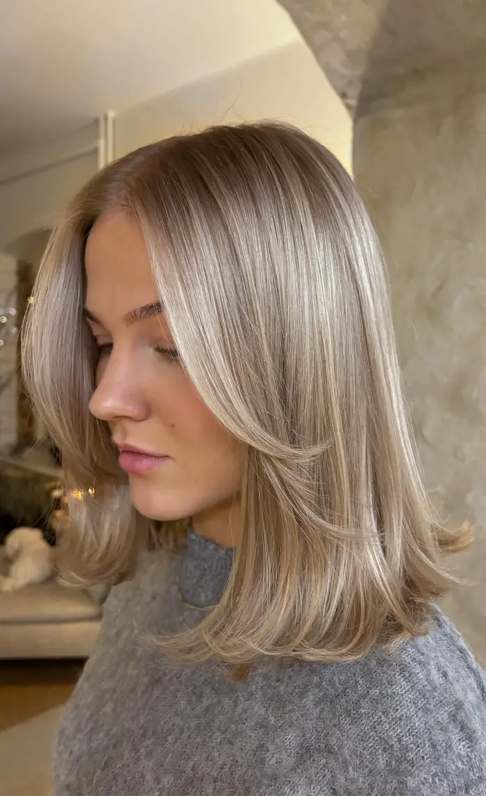 Ash Blonde Lob with Curtain Bangs Ash Blonde Lob with Curtain Bangs — Winter Hairstyles for Round Faces