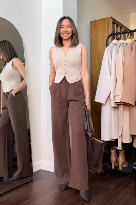 Modern Knitwear: Beige Vest and Wide-Leg Trousers Modern Knitwear: Beige Vest and Wide-Leg Trousers — Winter Work Outfits