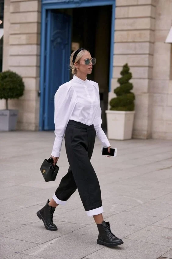 Wide-Leg Trousers and Puff-Sleeve Shirt with Black Combat Boots Wide-Leg Trousers and Puff-Sleeve Shirt with Black Combat Boots — Combat Boots Outfits