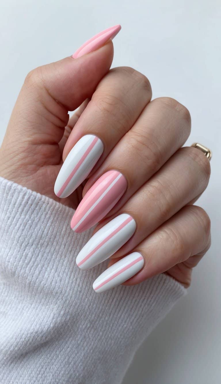 Pastel Pink and White Diagonal Stripe Coffin Nails Pastel Pink and White Diagonal Stripe Coffin Nails — Cute Nail Designs