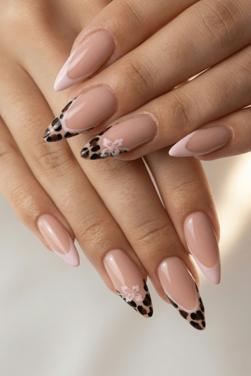 Leopard Floral French Tip Almonds Leopard Floral French Tip Almonds — Trendy Almond Nail Designs