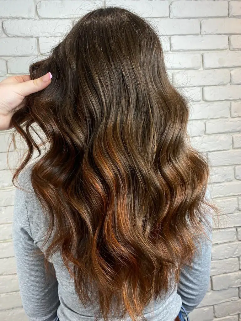 Warm Woven Highlights On Dark Brown Warm Woven Highlights On Dark Brown — Reverse Balayage