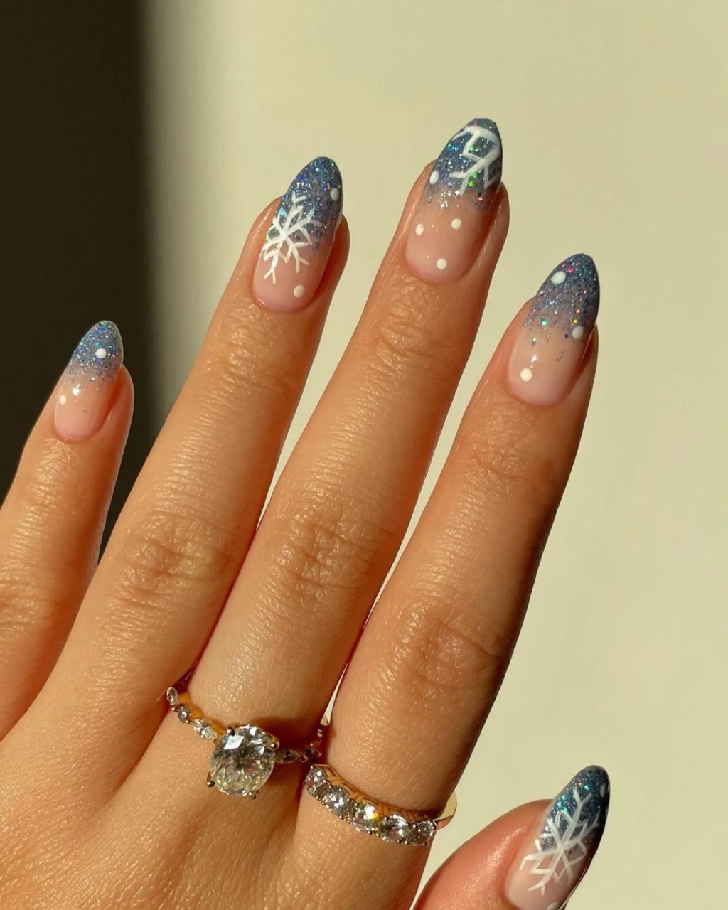 Blue Clear Glitter Snowflake Gradient Nails — Winter Dip Powder Nails