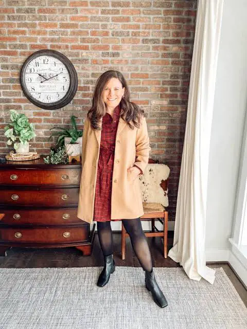 Camel Coat Over Red Patterned Dress and Black Tights Camel Coat Over Red Patterned Dress and Black Tights — Brown Coat Outfits