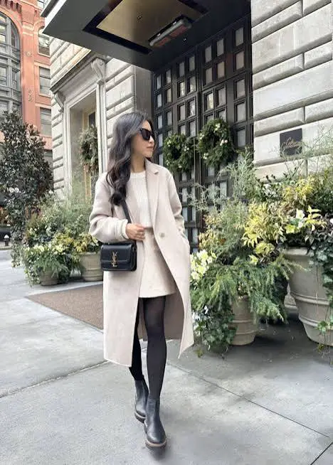 Elegant Beige Coat Over Cream Knit Separates Elegant Beige Coat Over Cream Knit Separates — Winter Date Night Outfits