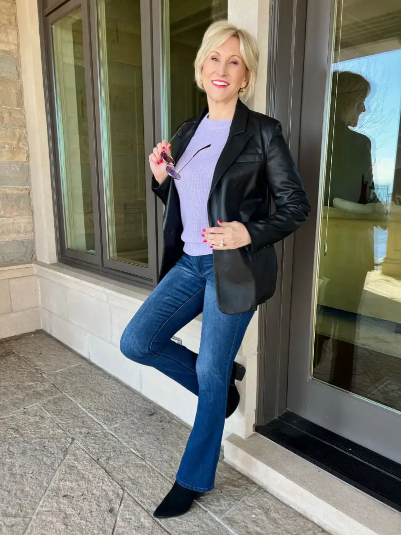 Modern Edge: Faux Leather Blazer with Lavender Sweater Modern Edge: Faux Leather Blazer with Lavender Sweater — Winter Outfits for Moms