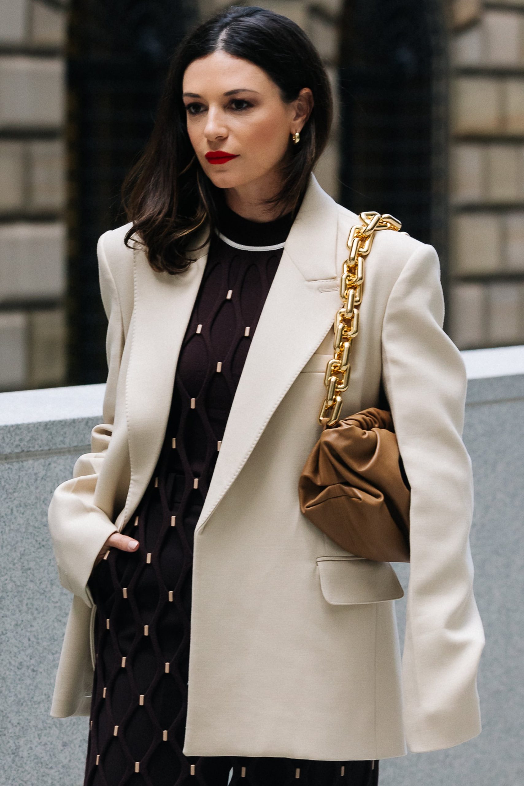 Cream Blazer with Dark Brown Knit Top and Gold Necklace Cream Blazer with Dark Brown Knit Top and Gold Necklace — Winter Party Outfits