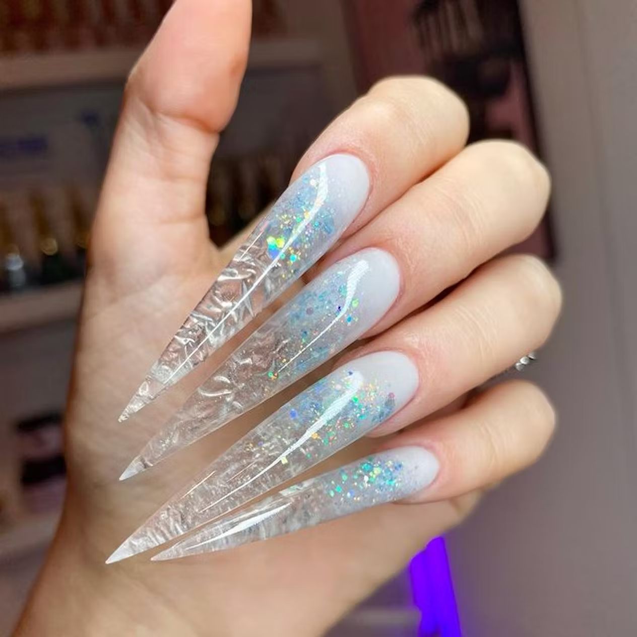 White Blue Silver Glitter Stilettos White Blue Silver Glitter Stilettos — Winter Stiletto Nails