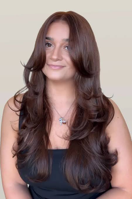 Long Wavy Blowout With Curtain Bangs — Dark Chocolate Brown Hair