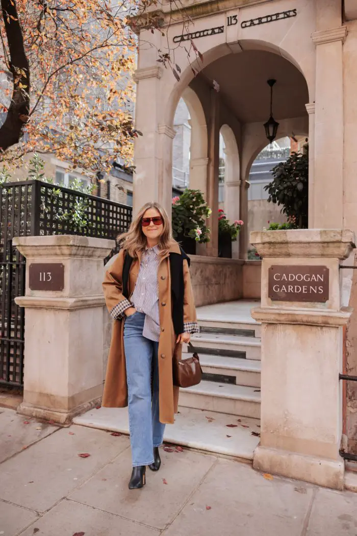 Camel Trench Coat with Striped Shirt and Jeans Camel Trench Coat with Striped Shirt and Jeans — Early Winter Outfits