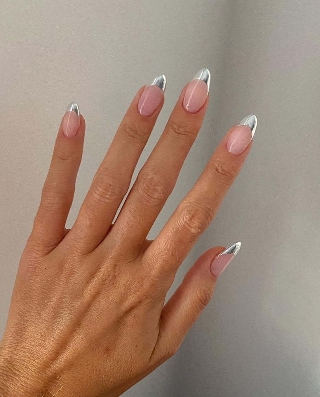 Clear Pink Base Silver Chrome French Tips — Silver Chrome Nails