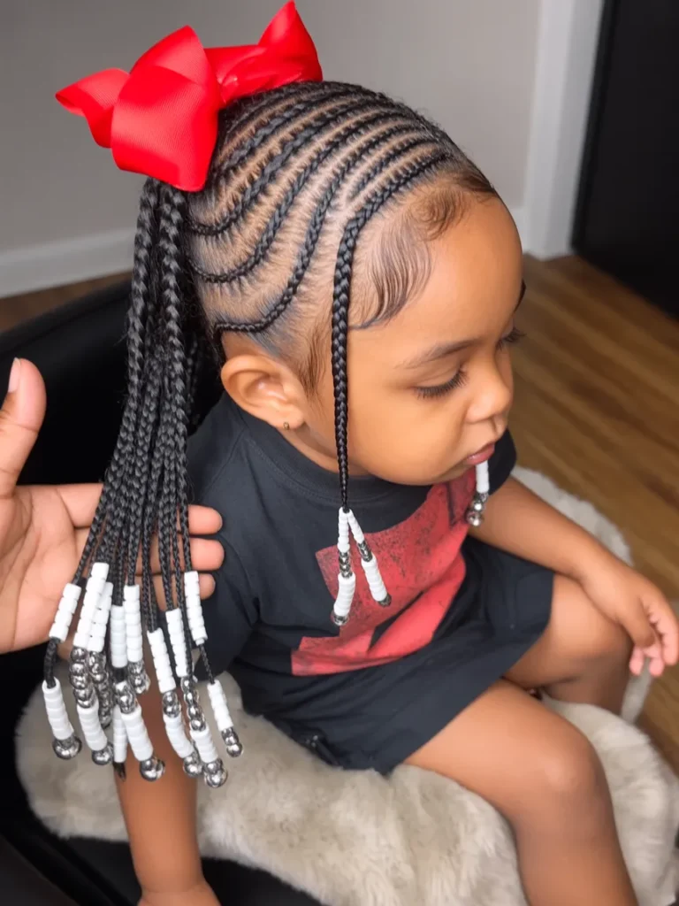 Thin Braids in High Ponytail with Beads — Winter Hairstyles for Black Kids
