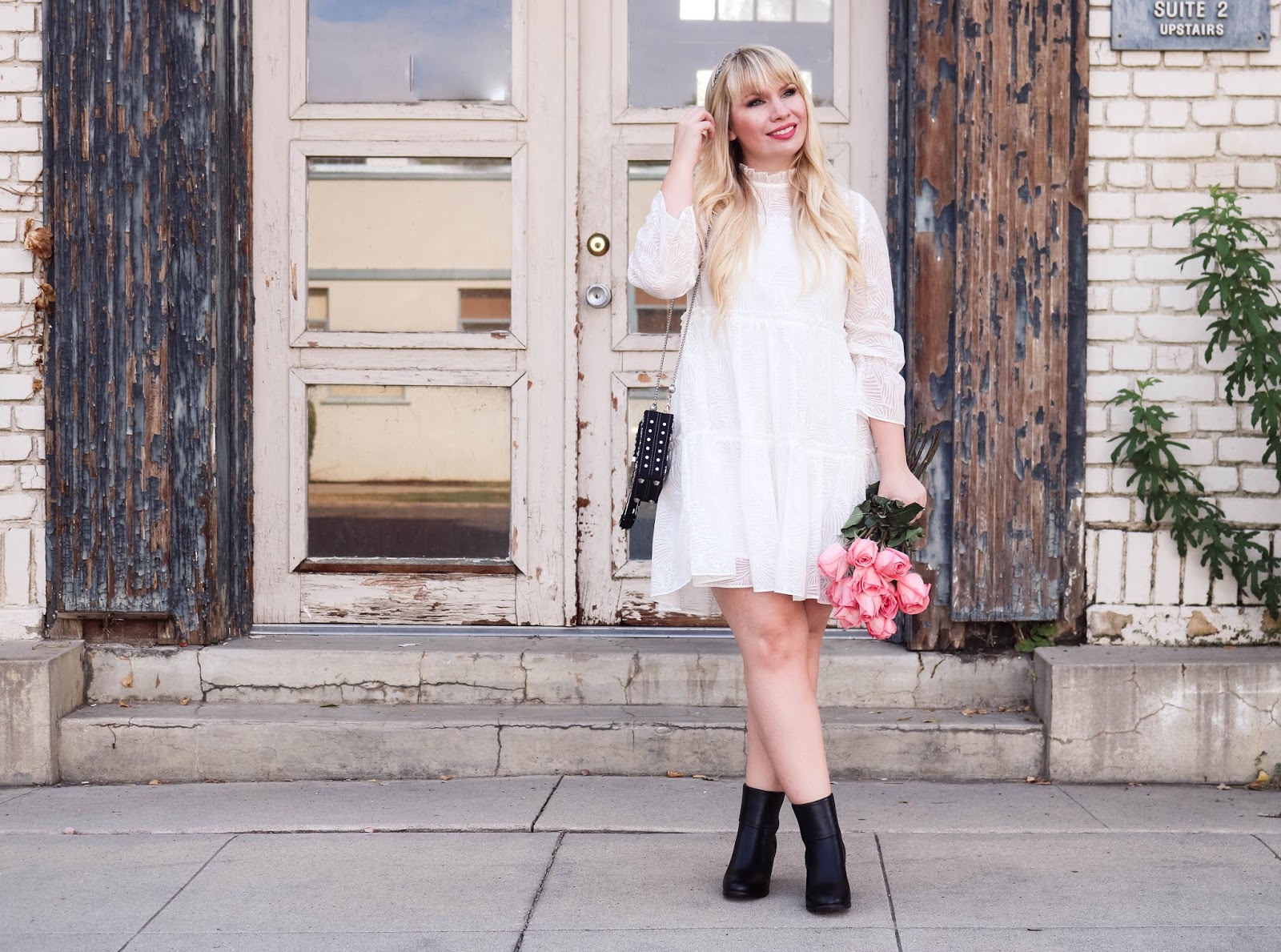 Lace Mini Dress and Ankle Boots for a Feminine Touch Lace Mini Dress and Ankle Boots for a Feminine Touch — Black Boots Outfits