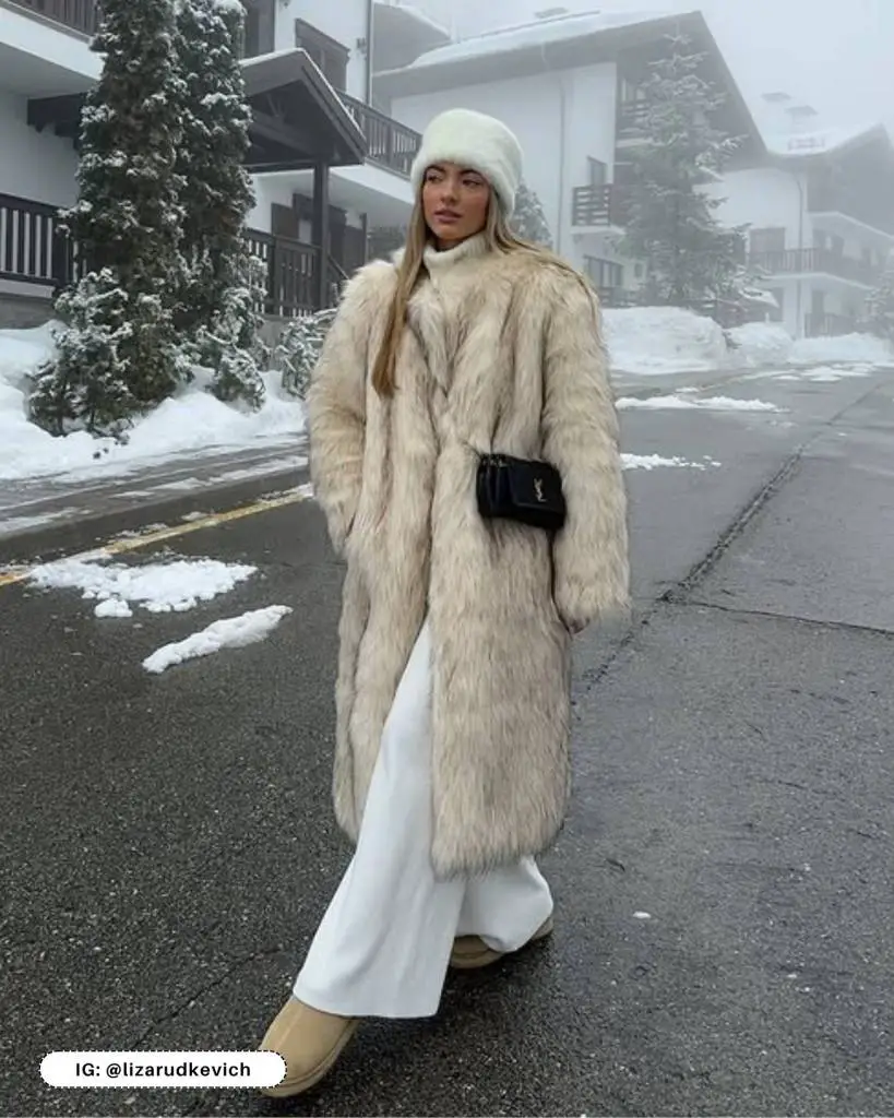Long Cream Faux Fur Coat and Beanie for a Glamorous Snow Day — Snow Day Outfits