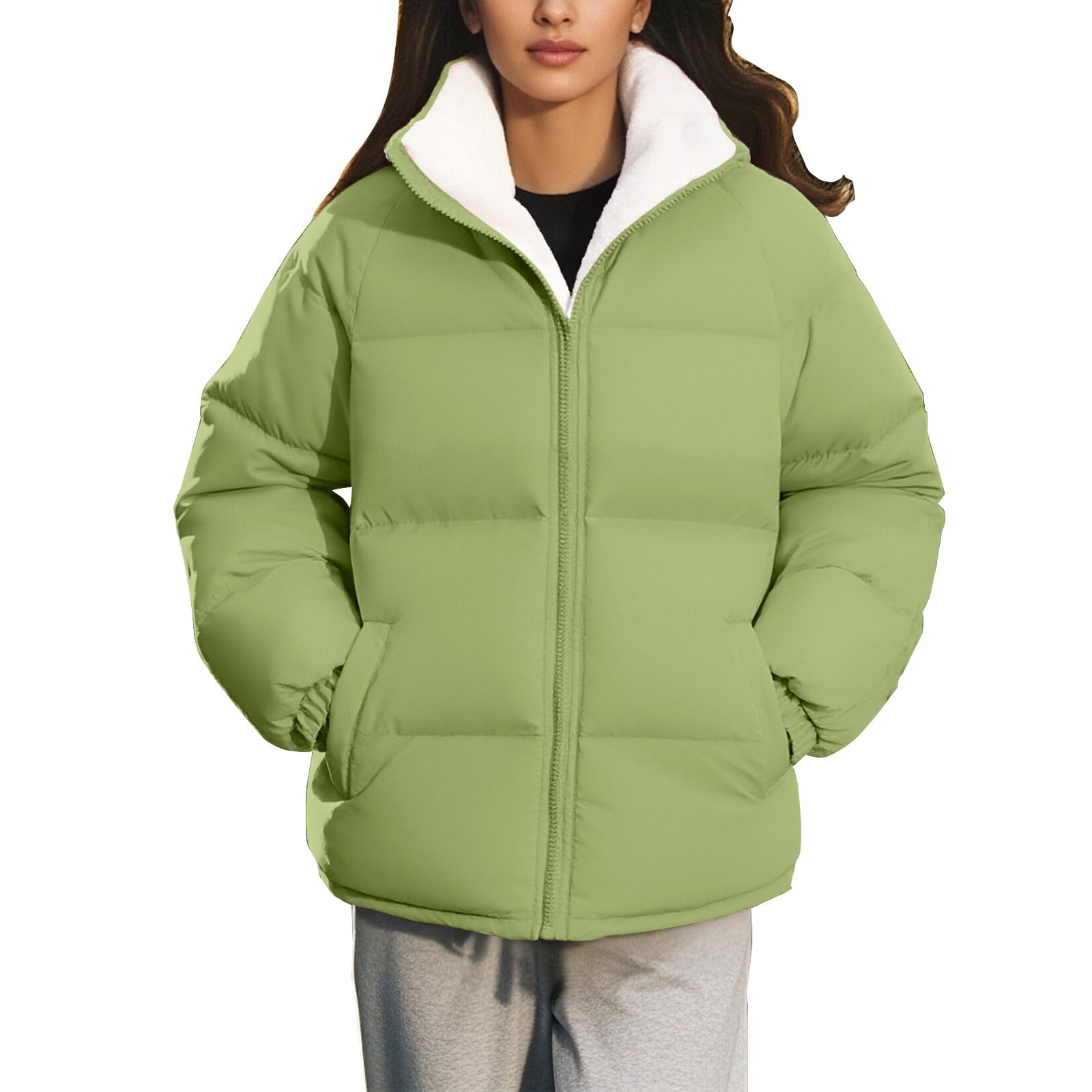Light Green Puffer with Contrasting Fleece Collar — Winter Jackets for Women