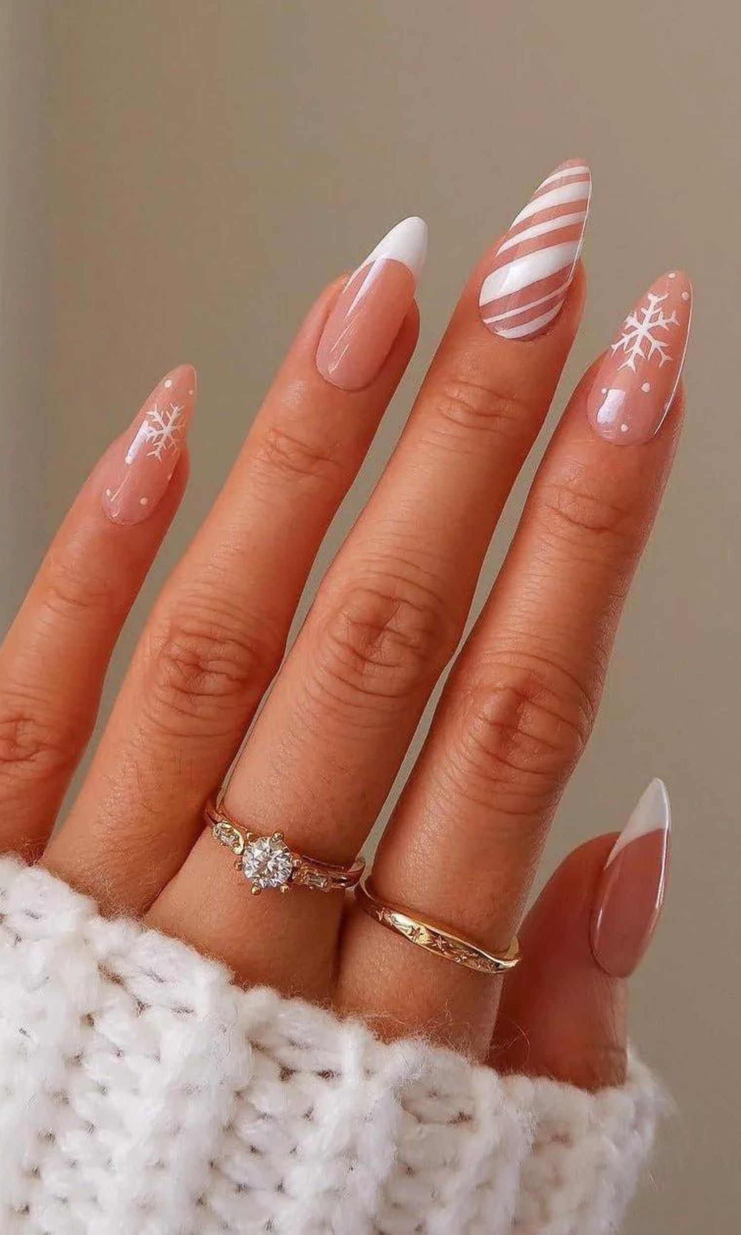 Nude Snowflake French Stilettos Nude Snowflake French Stilettos — Winter Stiletto Nails