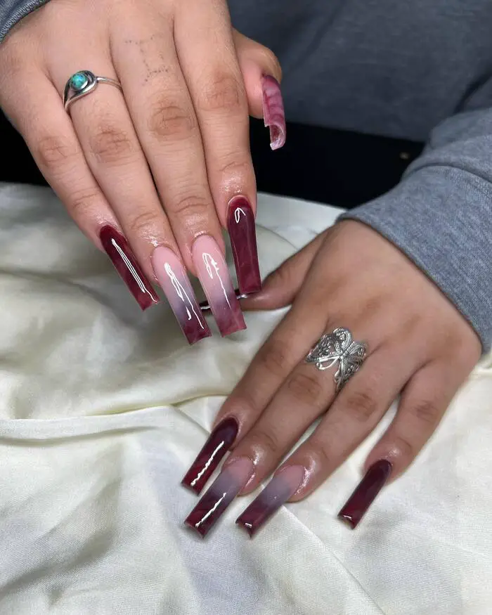 Dark Red Nude Ombre Square Nails Dark Red Nude Ombre Square Nails — Long Winter Nails