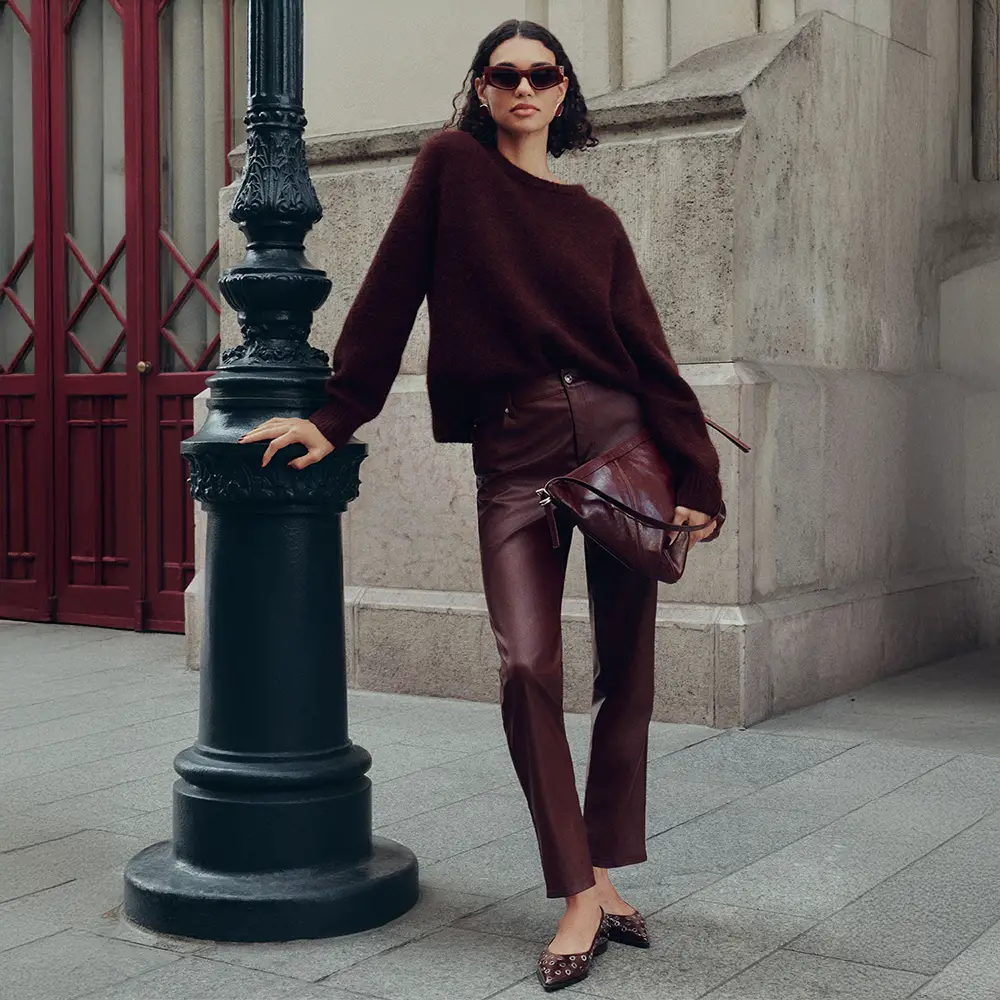Chic Burgundy Knit and Leather Trousers with Pointed-Toe Heels Chic Burgundy Knit and Leather Trousers with Pointed-Toe Heels — Burgundy Outfits