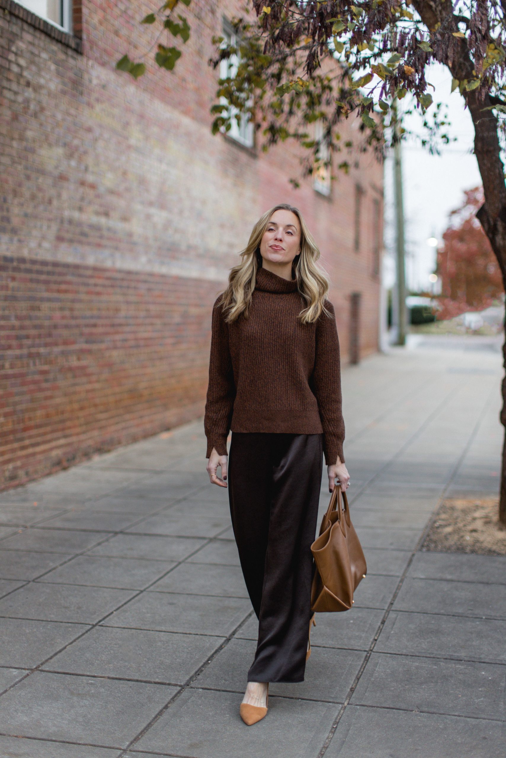 Cozy Brown Knit Turtleneck with Flowing Satin Pants — Fall to Winter Outfits