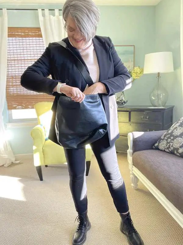 Light Pink Turtleneck with Black Blazer and Leggings — Casual Winter Outfits for Women Over 50