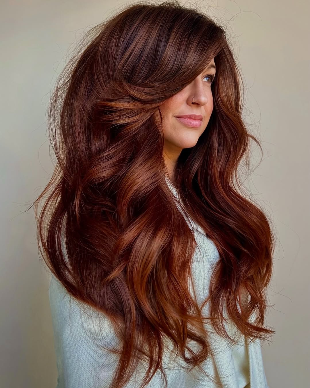 Deep Auburn With Side-Swept Bangs Blowout Deep Auburn With Side-Swept Bangs Blowout — Winter Auburn Hair Color