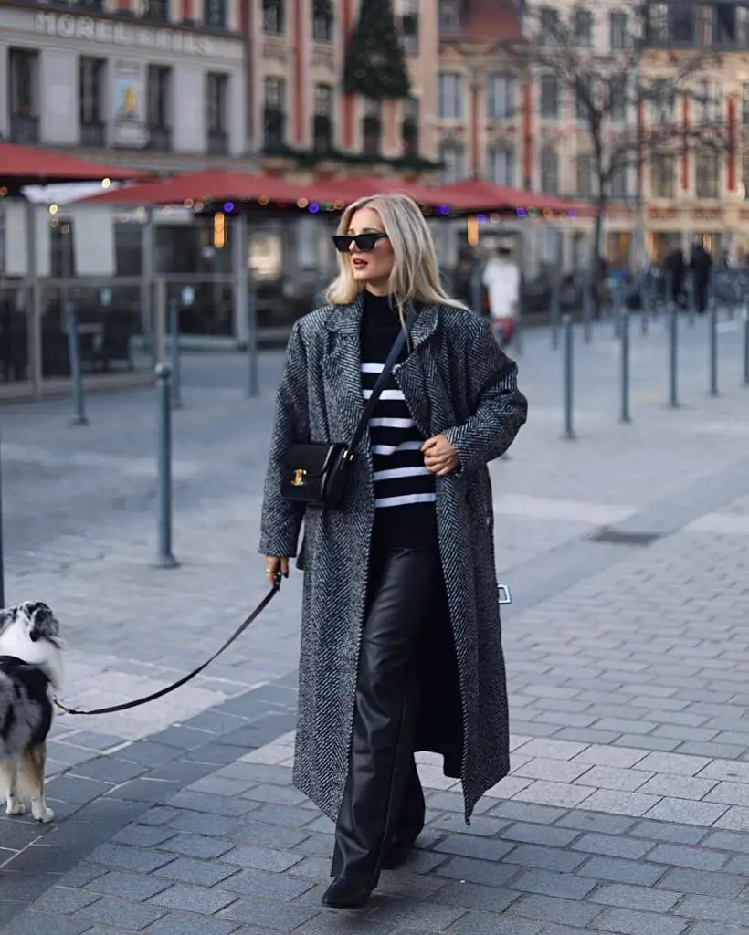 Fall Casual Black Faux Leather Flared Pants with Herringbone Coat — Leather Pants Outfits