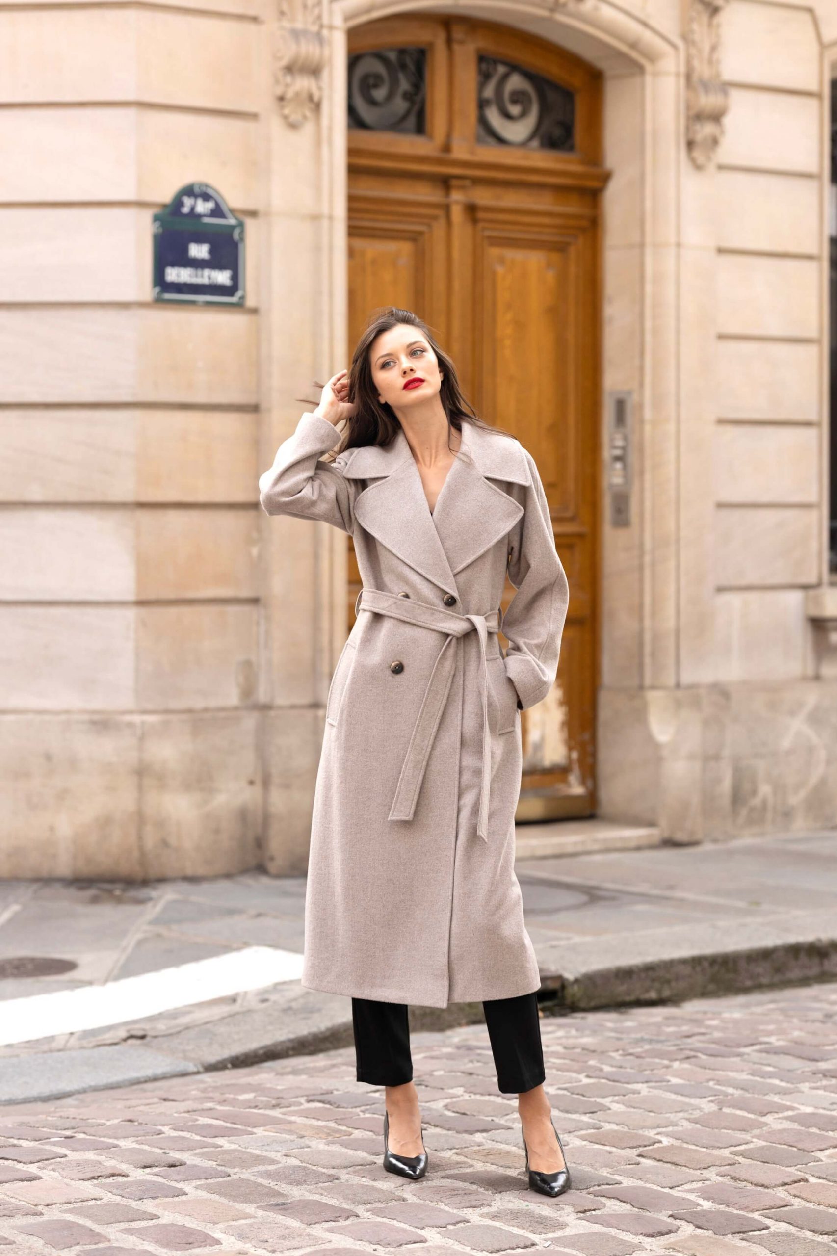 Light Grey Belted Wool Coat with Black Trousers Light Grey Belted Wool Coat with Black Trousers — Wool Coat Outfits