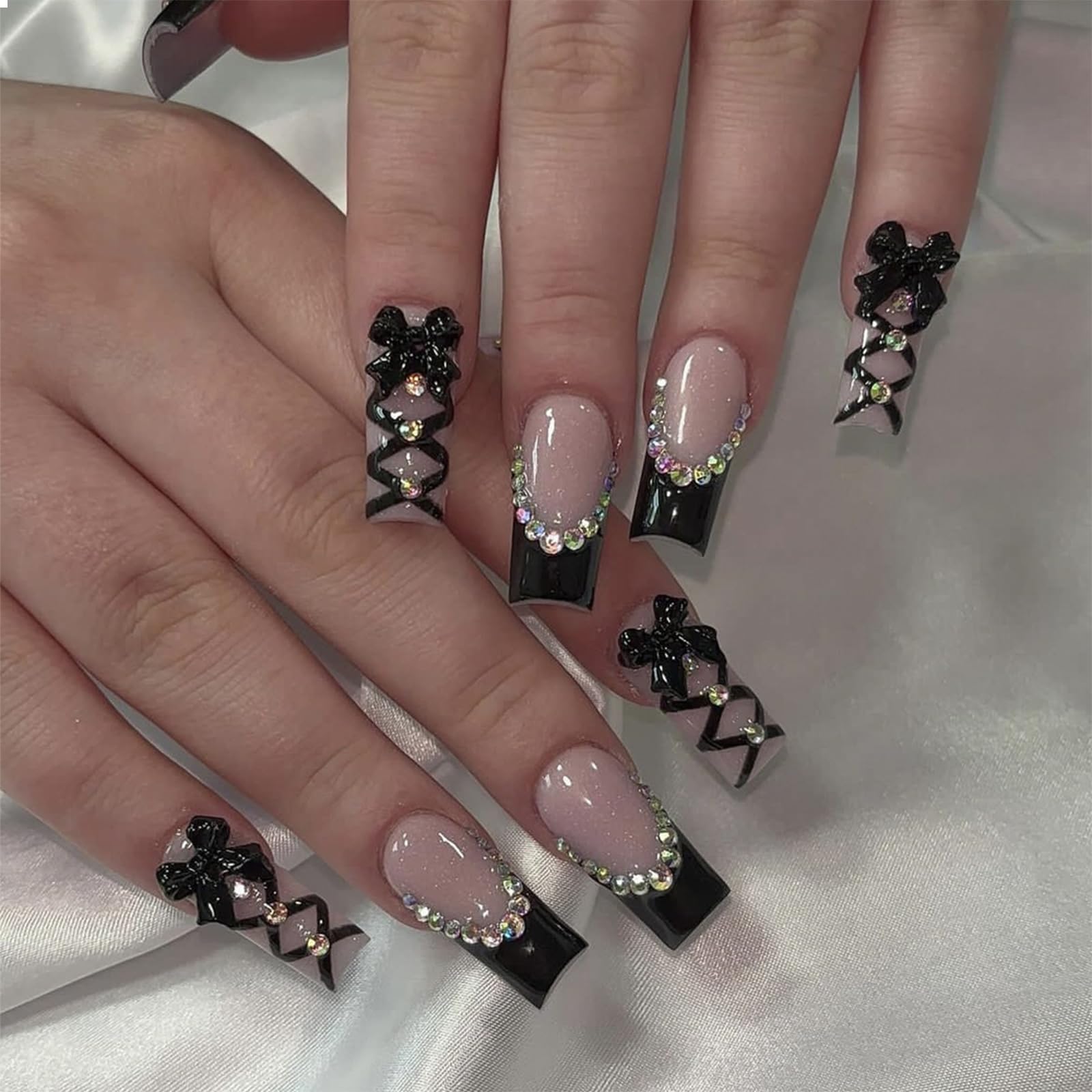 Black Ribbon Bow Square Nails — Lace Nails