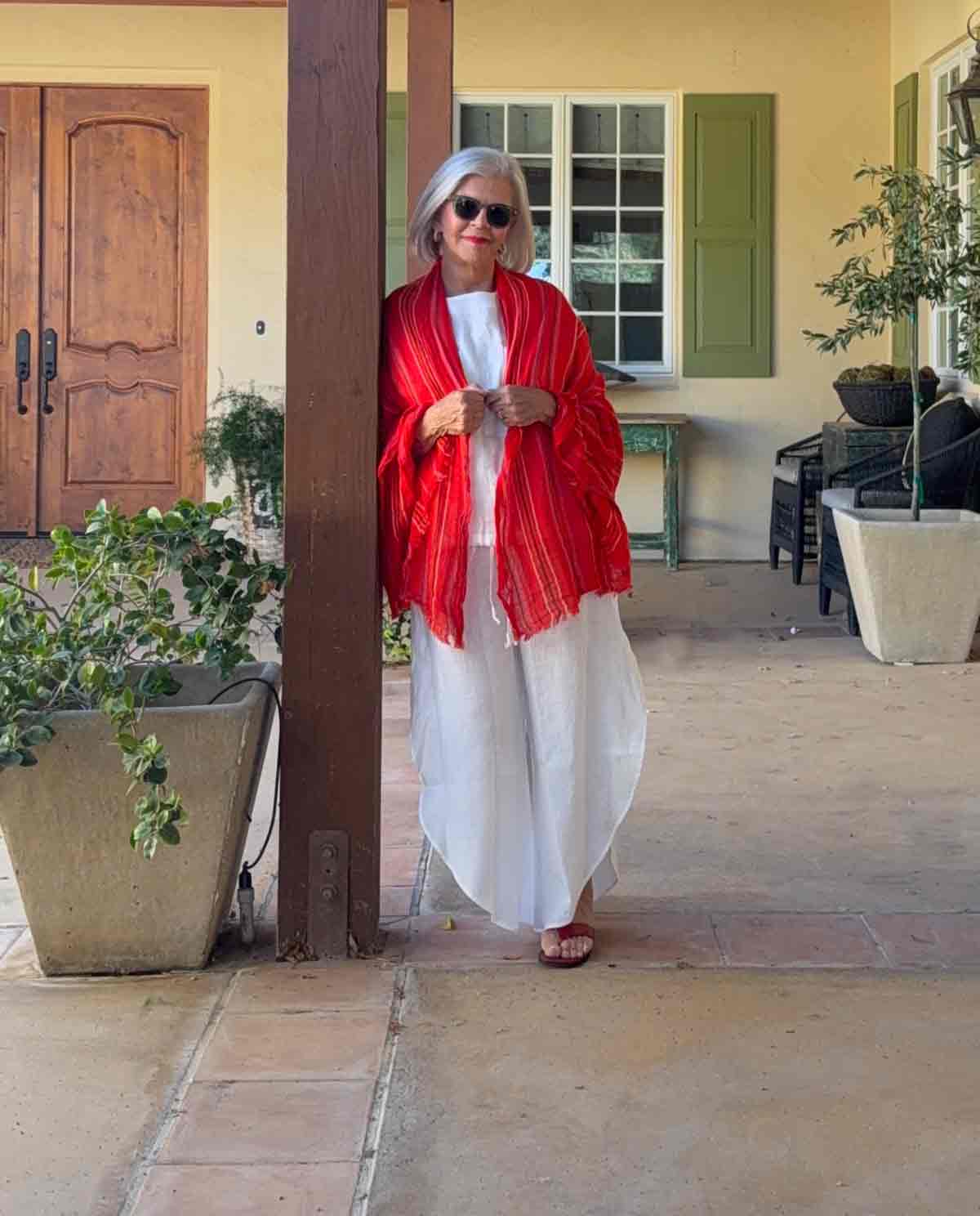 Red Striped Shawl with a White Linen Outfit Red Striped Shawl with a White Linen Outfit — Scarf Outfits