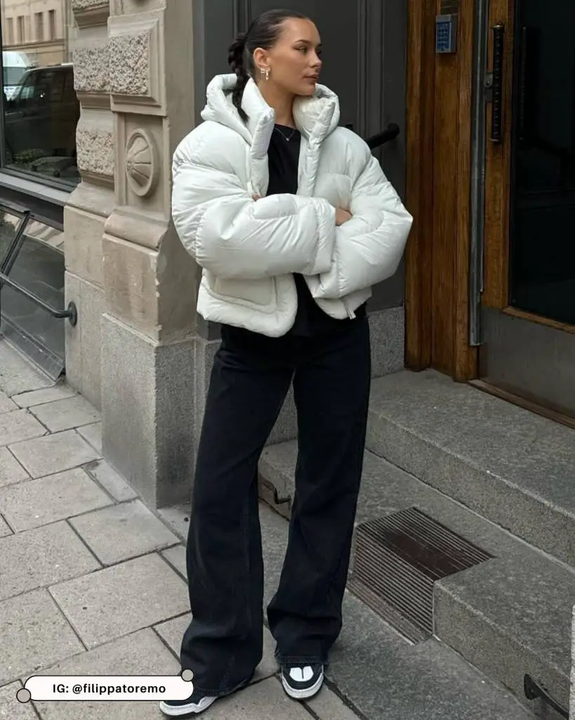 Cropped White Puffer with Black Jeans and Sneakers Cropped White Puffer with Black Jeans and Sneakers — Winter Puffer Jacket Outfits