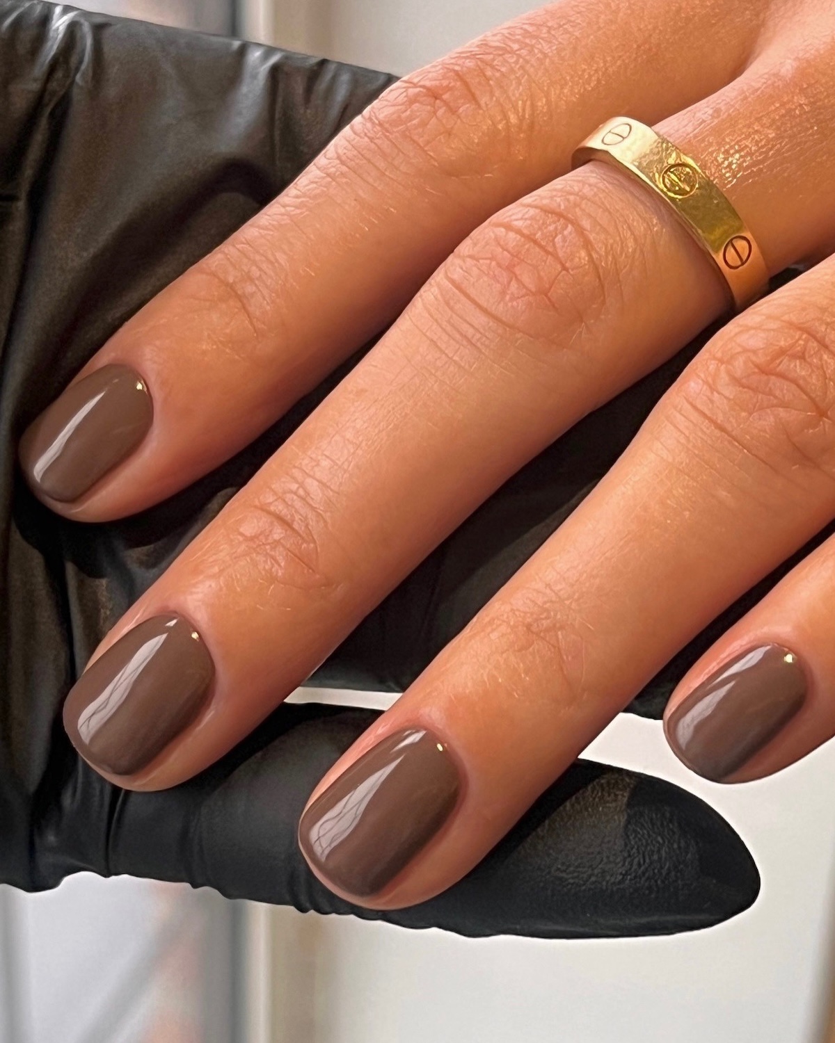 Small Gold Dot At The Base Of Each Nail Visual Idea Small Gold Dot At The Base Of Each Nail Visual Idea — Chocolate Brown Nails