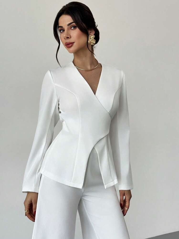 Professional White Blazer and Pants Suit with Asymmetrical Collar — Winter White Outfits