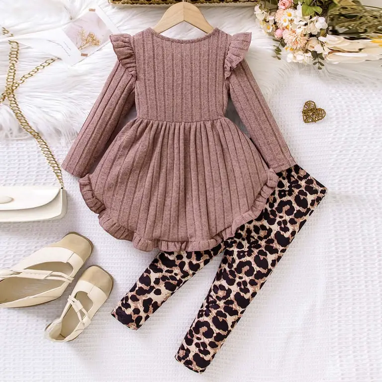 Ribbed Knit Dress with Leopard Pants for a Bold Look — Winter Outfits for Kids