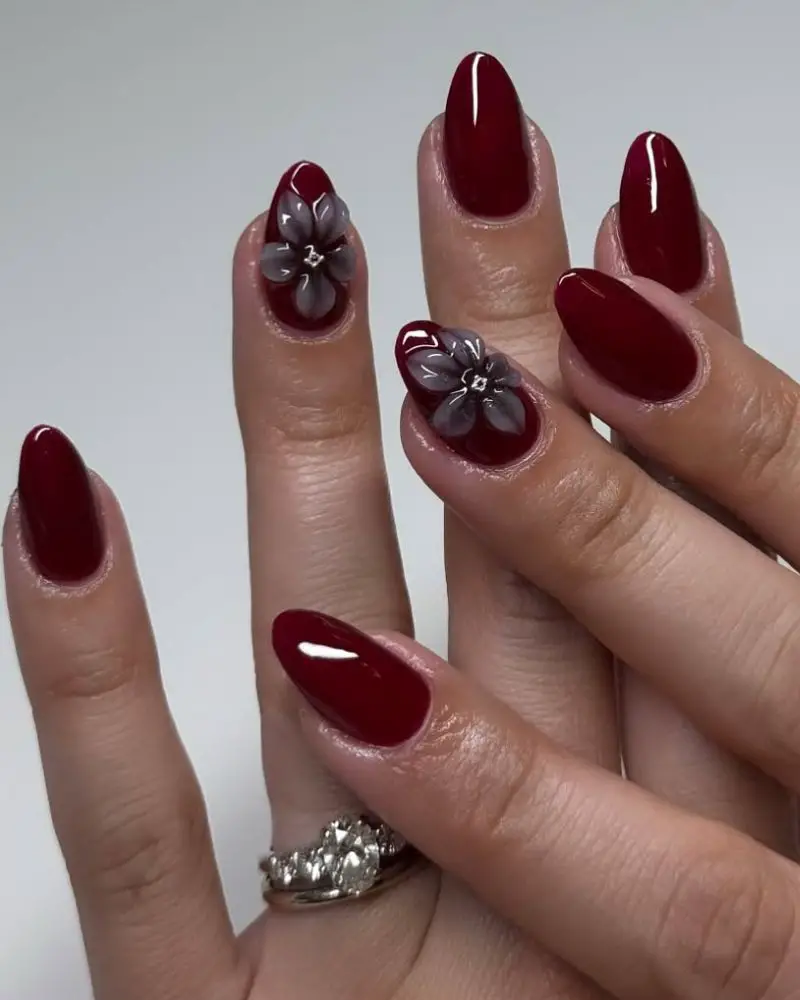 Burgundy With 3D Floral Embellishments — Burgundy Nails