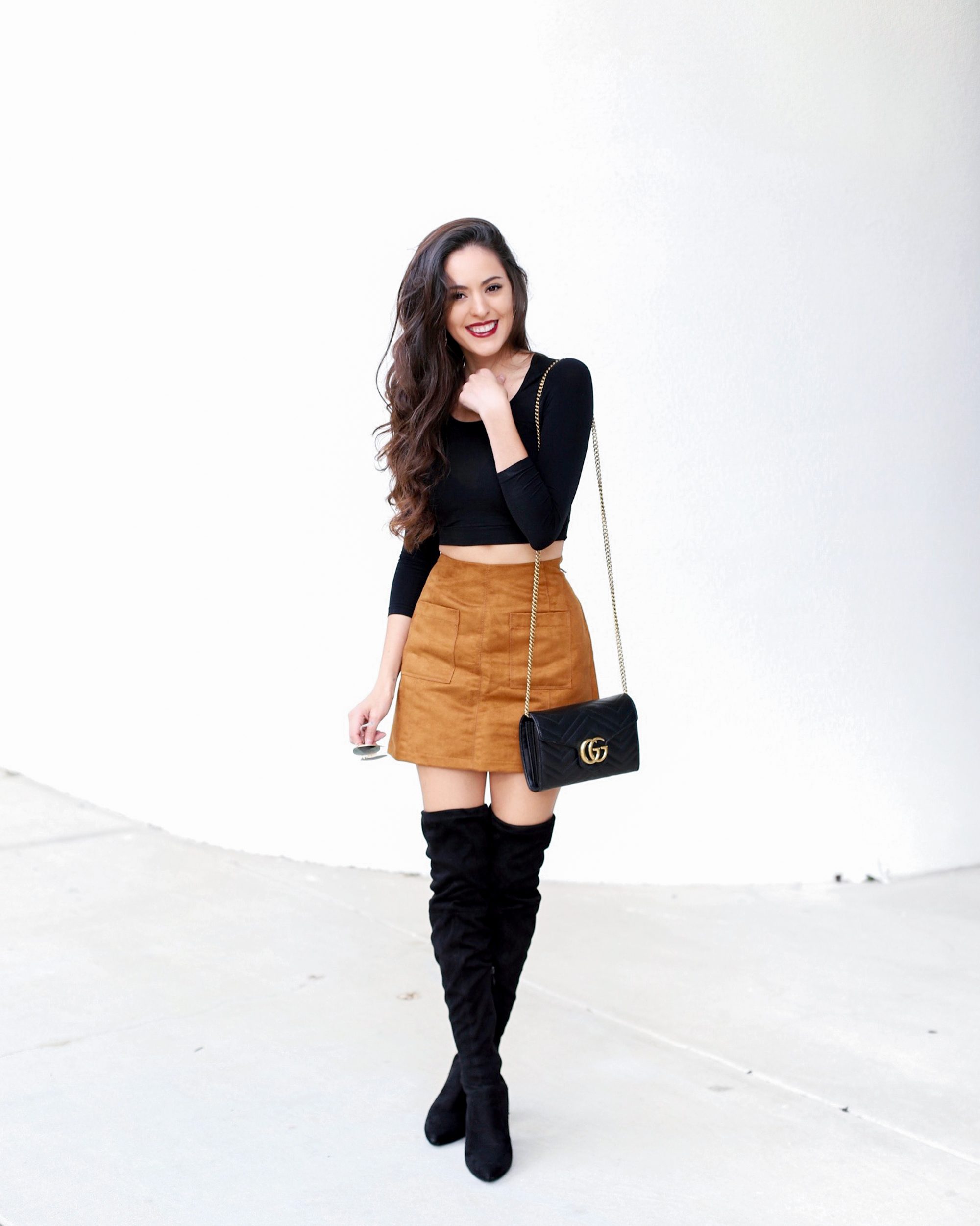 Black Suede Over-the-Knee Boots with Tan Suede Mini Skirt Black Suede Over-the-Knee Boots with Tan Suede Mini Skirt — Suede Boots Outfits
