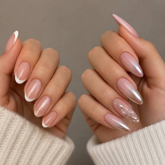 Pearlescent French Almonds with 3D Pearlescent French Almonds with 3D — Almond Nail Designs