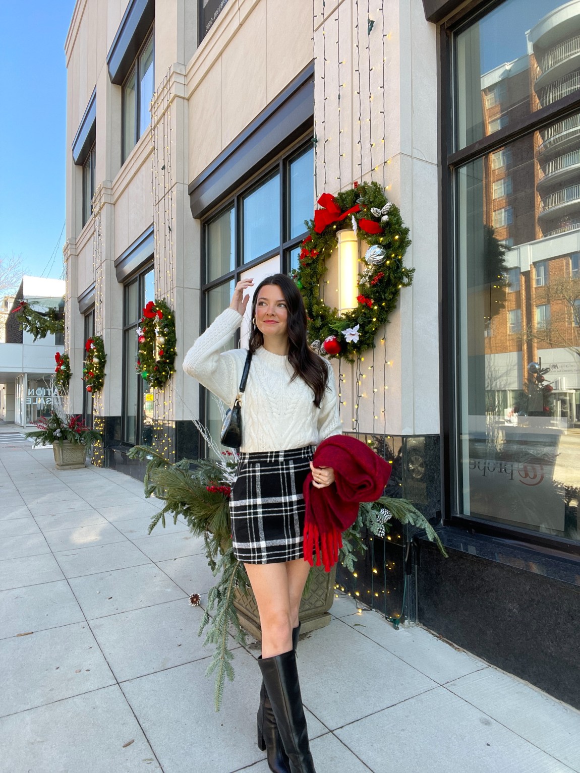 White Cable-Knit Sweater with Plaid Mini Skirt and Boots White Cable-Knit Sweater with Plaid Mini Skirt and Boots — Winter Party Outfits