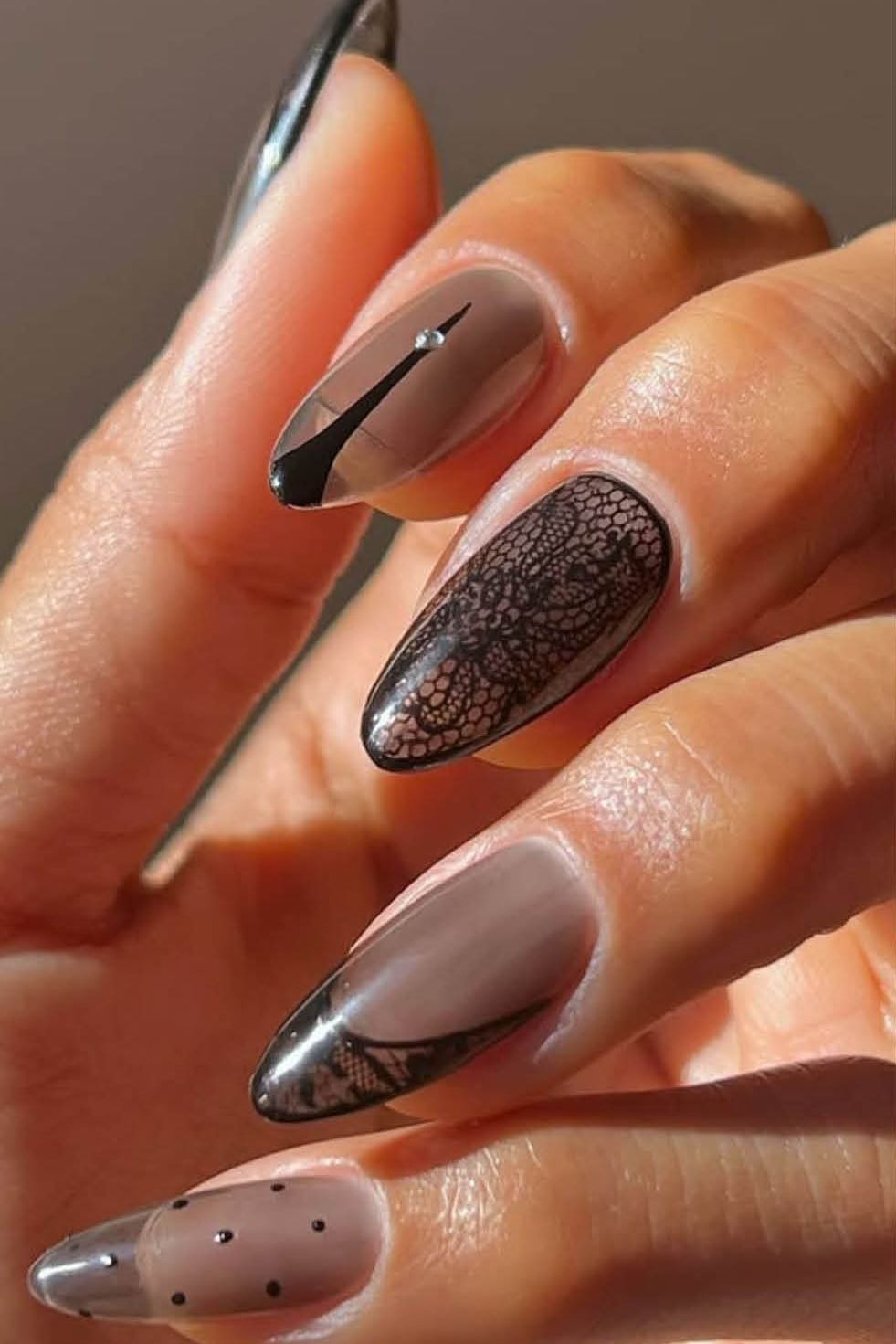 Nude with Black Lace Accents Nude with Black Lace Accents — Medium Length Winter Nails